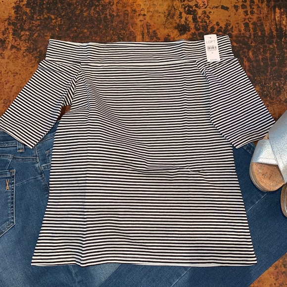 NWT LOFT Striped Elbow Sleeve Off Shoulder Tee - Picture 2 of 5